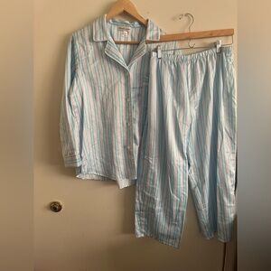 Vtg Miss Elaine Woven Cotton Pajamas | Light Blue Pink Stripes Two Piece Set